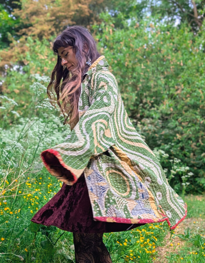 Reversible Green & Red Kantha Stitch Jacket - Image 7
