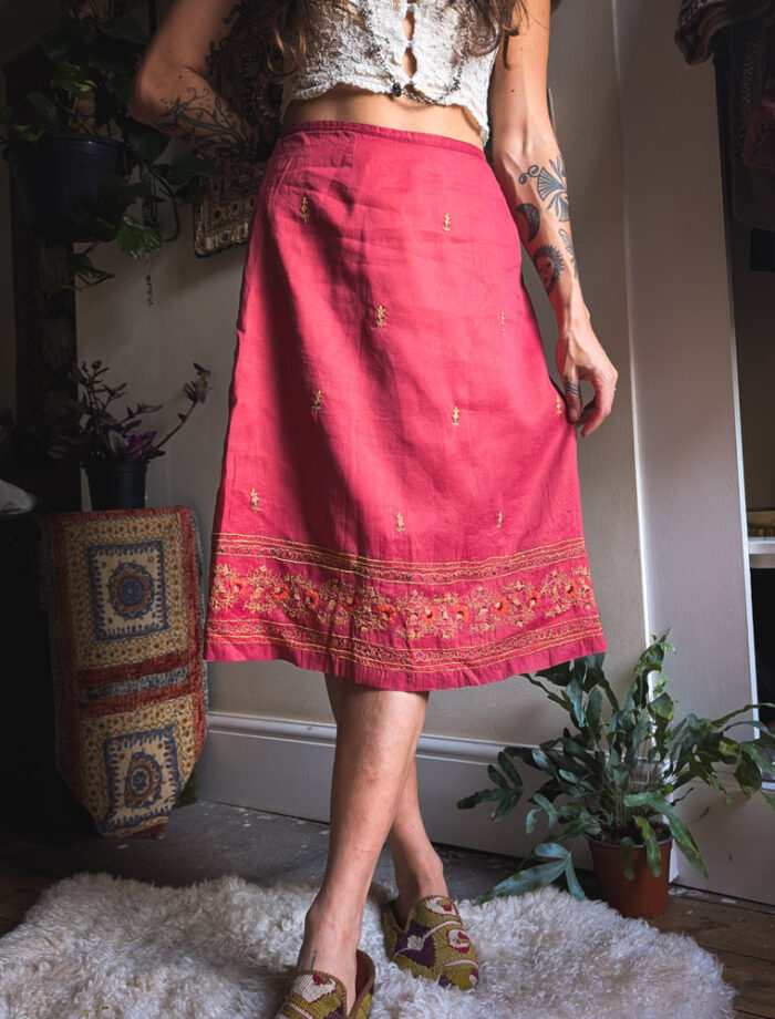 Vintage Pink Embroidered Midi Skirt