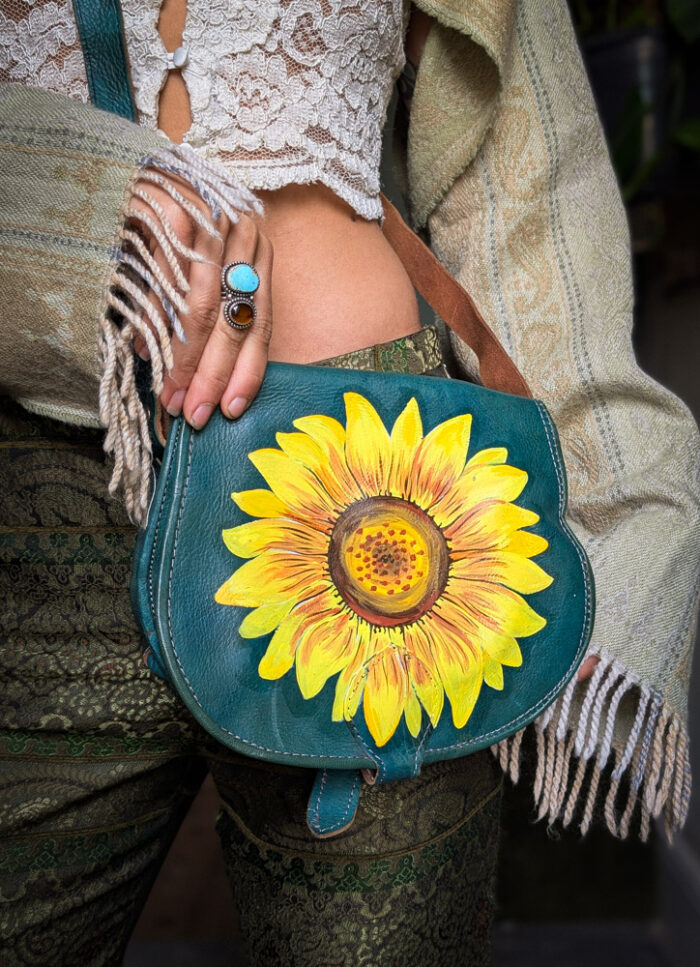 Handpainted Turquoise Sunflower Bag - Image 2