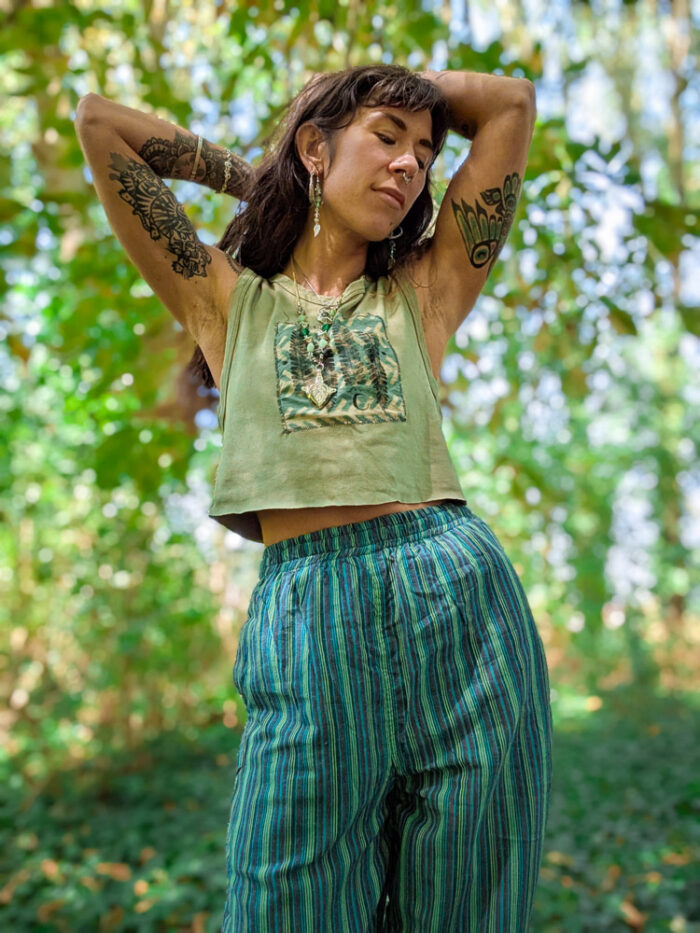 Teal Striped Cotton Trousers