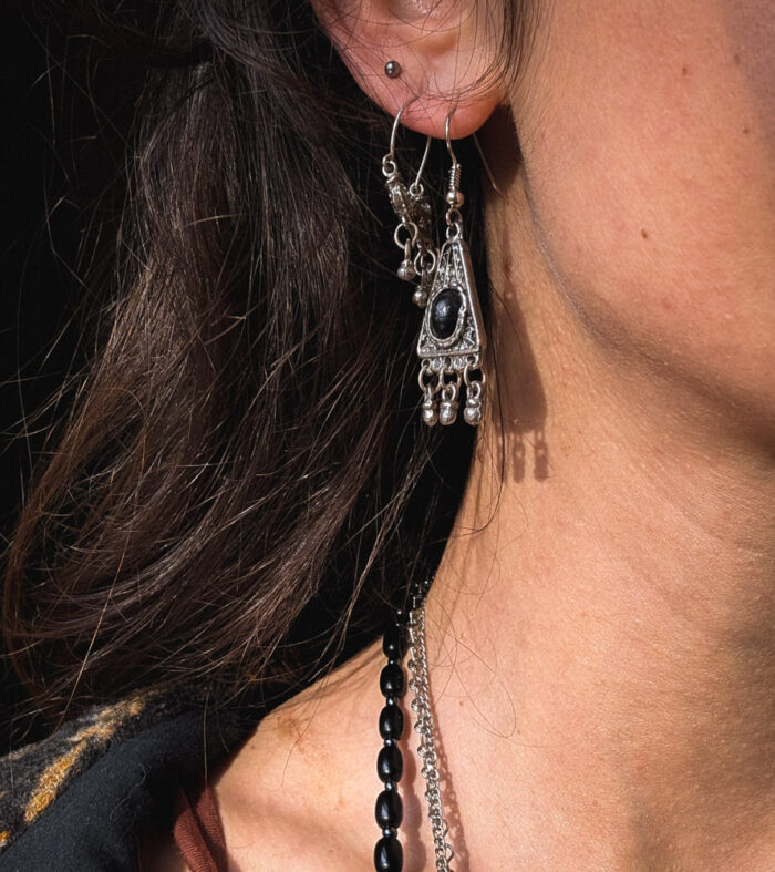 Vintage Triangle Onyx Enamel Earrings - Image 2