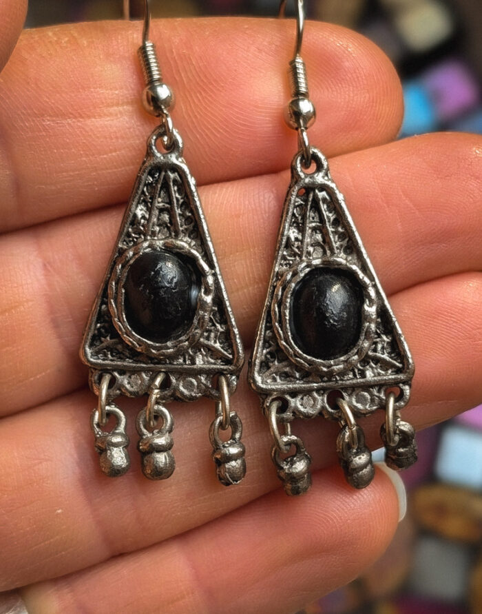 Vintage Triangle Onyx Enamel Earrings