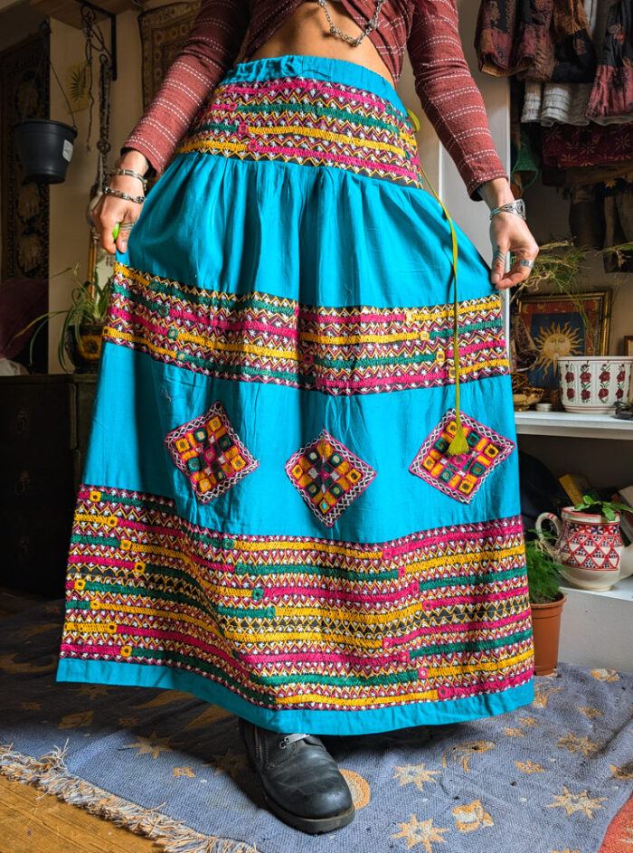 Vintage Turquoise Embroidered Maxi Skirt